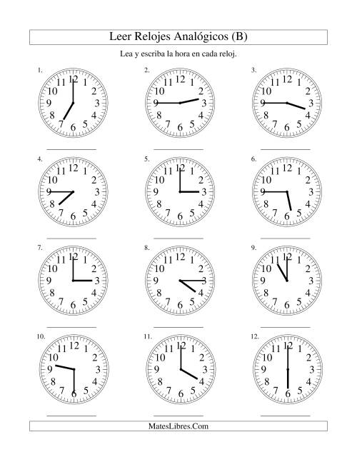 La hoja de ejercicios de Leer la Hora en un Reloj Analógico en Intervalos de 15 Minutos (B)