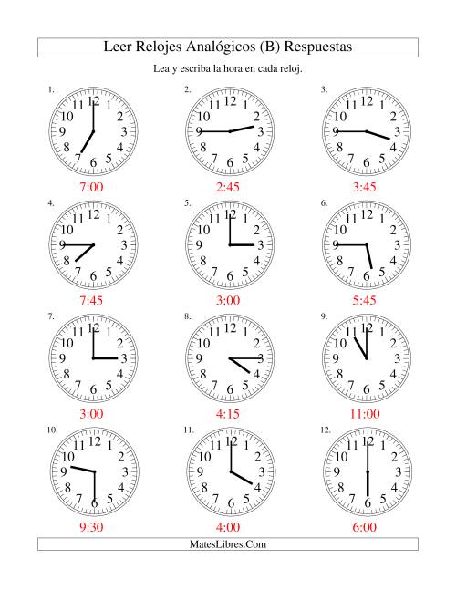 La hoja de ejercicios de Leer la Hora en un Reloj Analógico en Intervalos de 15 Minutos (B) Página 2