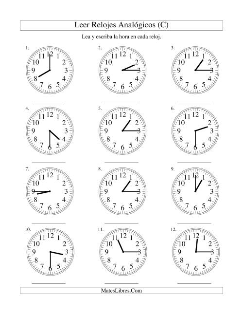 La hoja de ejercicios de Leer la Hora en un Reloj Analógico en Intervalos de 15 Minutos (C)