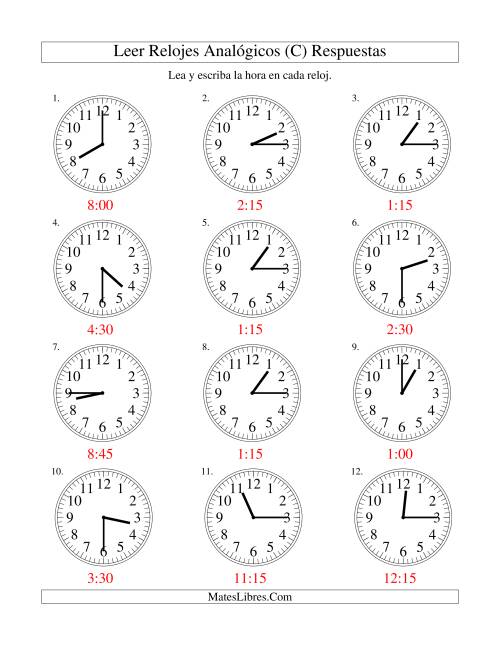 La hoja de ejercicios de Leer la Hora en un Reloj Analógico en Intervalos de 15 Minutos (C) Página 2