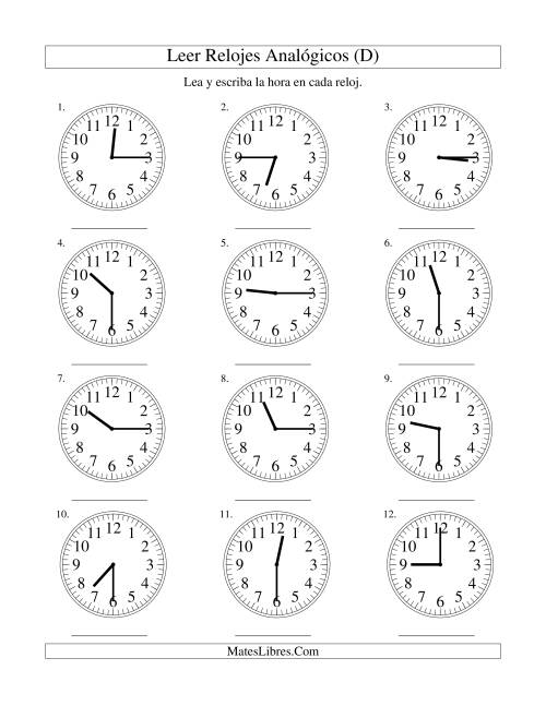 La hoja de ejercicios de Leer la Hora en un Reloj Analógico en Intervalos de 15 Minutos (D)