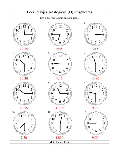La hoja de ejercicios de Leer la Hora en un Reloj Analógico en Intervalos de 15 Minutos (D) Página 2