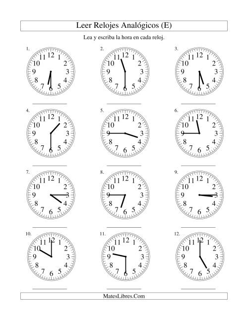 La hoja de ejercicios de Leer la Hora en un Reloj Analógico en Intervalos de 15 Minutos (E)