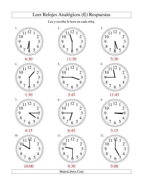 La hoja de ejercicios de Leer la Hora en un Reloj Analógico en Intervalos de 15 Minutos (E) Página 2
