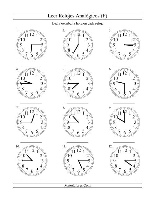 La hoja de ejercicios de Leer la Hora en un Reloj Analógico en Intervalos de 15 Minutos (F)