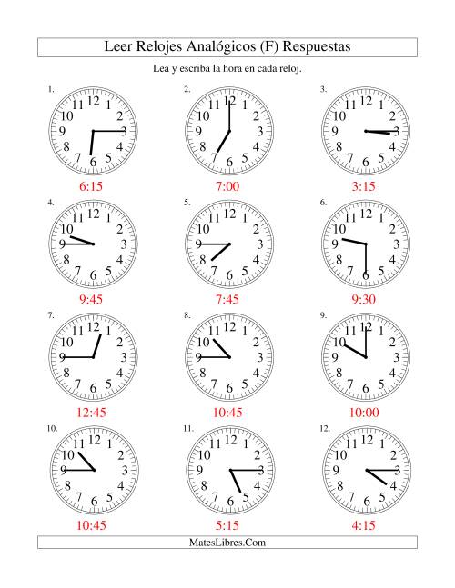 La hoja de ejercicios de Leer la Hora en un Reloj Analógico en Intervalos de 15 Minutos (F) Página 2