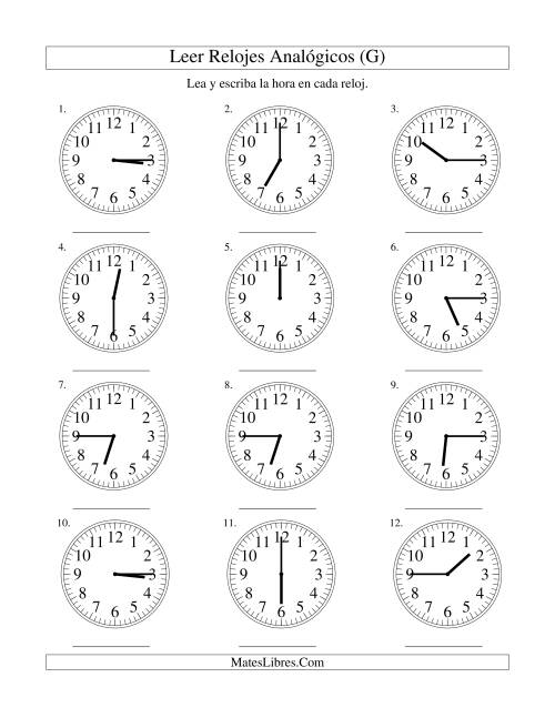 La hoja de ejercicios de Leer la Hora en un Reloj Analógico en Intervalos de 15 Minutos (G)