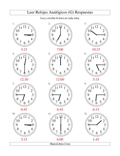 La hoja de ejercicios de Leer la Hora en un Reloj Analógico en Intervalos de 15 Minutos (G) Página 2