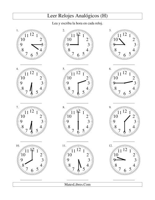 La hoja de ejercicios de Leer la Hora en un Reloj Analógico en Intervalos de 15 Minutos (H)