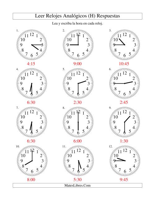 La hoja de ejercicios de Leer la Hora en un Reloj Analógico en Intervalos de 15 Minutos (H) Página 2
