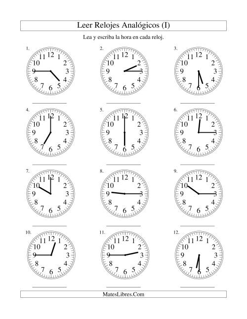 La hoja de ejercicios de Leer la Hora en un Reloj Analógico en Intervalos de 15 Minutos (I)