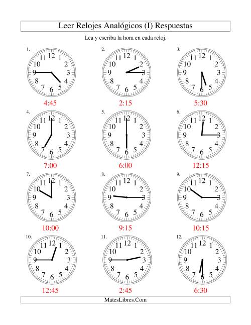 La hoja de ejercicios de Leer la Hora en un Reloj Analógico en Intervalos de 15 Minutos (I) Página 2