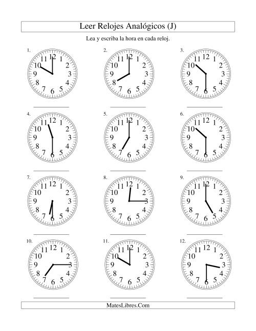 La hoja de ejercicios de Leer la Hora en un Reloj Analógico en Intervalos de 15 Minutos (J)