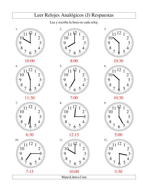 La hoja de ejercicios de Leer la Hora en un Reloj Analógico en Intervalos de 15 Minutos (J) Página 2