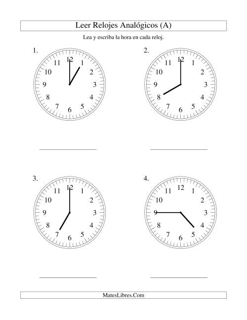 La hoja de ejercicios de Leer la Hora en un Reloj Analógico en Intervalos de 15 Minutos (Grande)