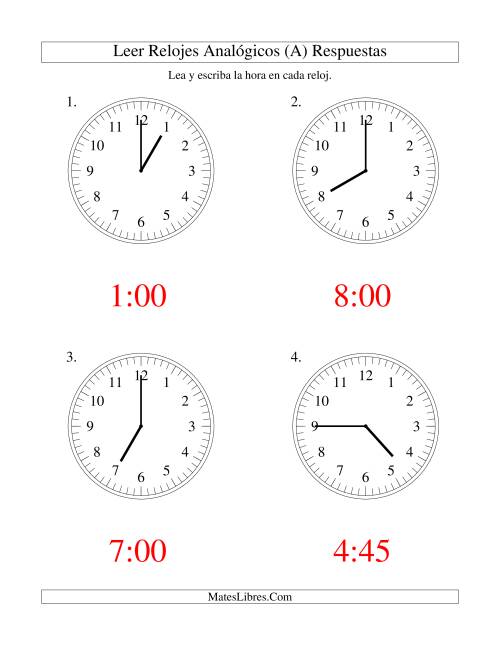La hoja de ejercicios de Leer la Hora en un Reloj Analógico en Intervalos de 15 Minutos (Grande) Página 2