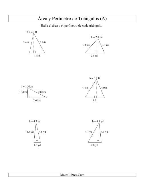 La hoja de ejercicios de Área y Perímetro de Triángulos, Un Lugar Decimal, Rango de 1 a 5 (A)