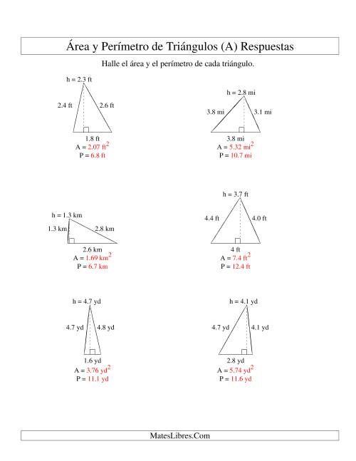 La hoja de ejercicios de Área y Perímetro de Triángulos, Un Lugar Decimal, Rango de 1 a 5 (A) Página 2