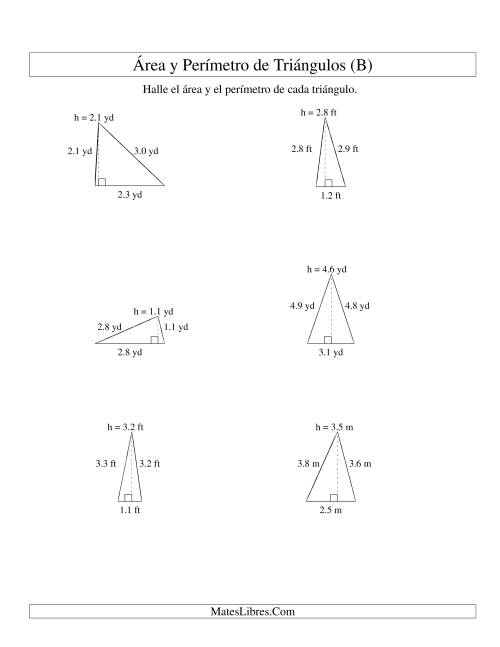 La hoja de ejercicios de Área y Perímetro de Triángulos, Un Lugar Decimal, Rango de 1 a 5 (B)