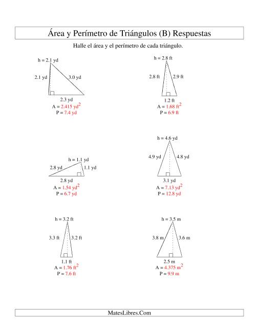 La hoja de ejercicios de Área y Perímetro de Triángulos, Un Lugar Decimal, Rango de 1 a 5 (B) Página 2
