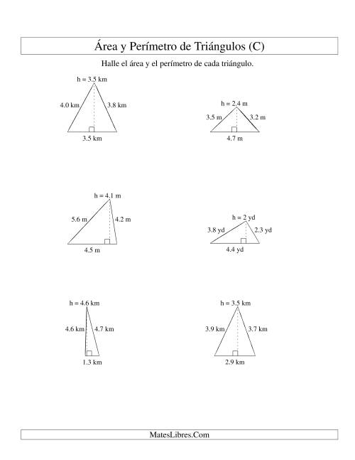 La hoja de ejercicios de Área y Perímetro de Triángulos, Un Lugar Decimal, Rango de 1 a 5 (C)
