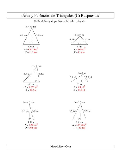 La hoja de ejercicios de Área y Perímetro de Triángulos, Un Lugar Decimal, Rango de 1 a 5 (C) Página 2
