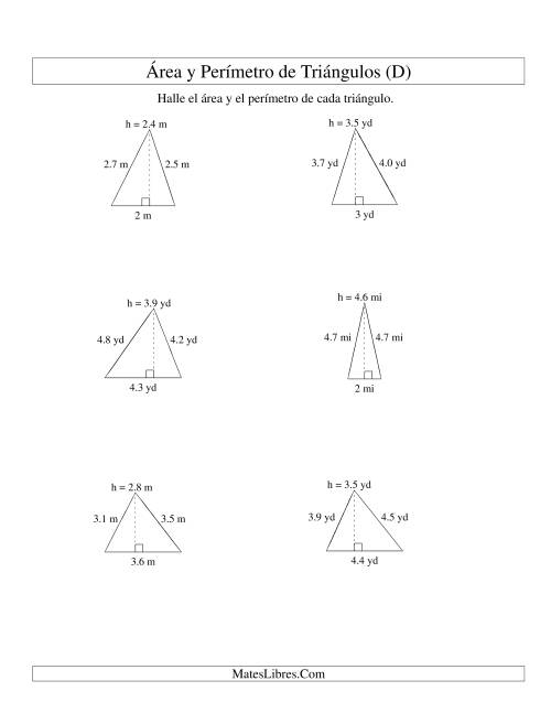 La hoja de ejercicios de Área y Perímetro de Triángulos, Un Lugar Decimal, Rango de 1 a 5 (D)