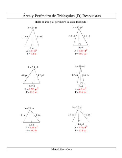 La hoja de ejercicios de Área y Perímetro de Triángulos, Un Lugar Decimal, Rango de 1 a 5 (D) Página 2