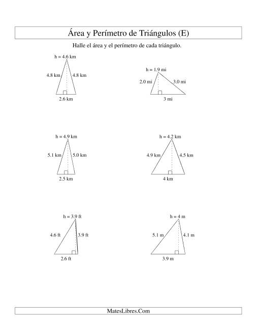 La hoja de ejercicios de Área y Perímetro de Triángulos, Un Lugar Decimal, Rango de 1 a 5 (E)