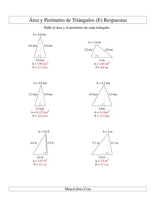 La hoja de ejercicios de Área y Perímetro de Triángulos, Un Lugar Decimal, Rango de 1 a 5 (E) Página 2