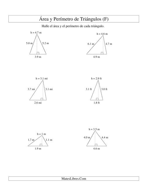 La hoja de ejercicios de Área y Perímetro de Triángulos, Un Lugar Decimal, Rango de 1 a 5 (F)