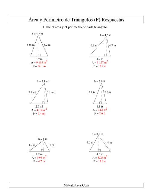La hoja de ejercicios de Área y Perímetro de Triángulos, Un Lugar Decimal, Rango de 1 a 5 (F) Página 2
