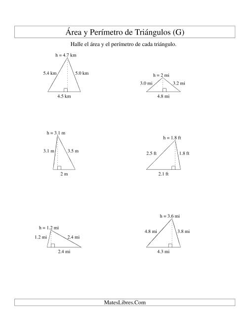 La hoja de ejercicios de Área y Perímetro de Triángulos, Un Lugar Decimal, Rango de 1 a 5 (G)