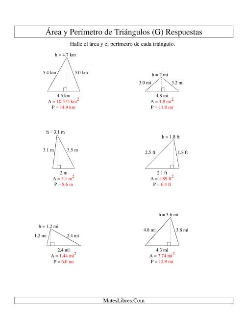La hoja de ejercicios de Área y Perímetro de Triángulos, Un Lugar Decimal, Rango de 1 a 5 (G) Página 2