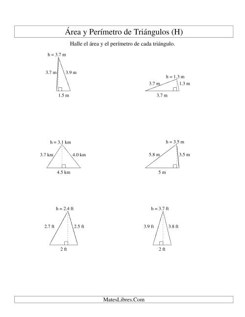 La hoja de ejercicios de Área y Perímetro de Triángulos, Un Lugar Decimal, Rango de 1 a 5 (H)