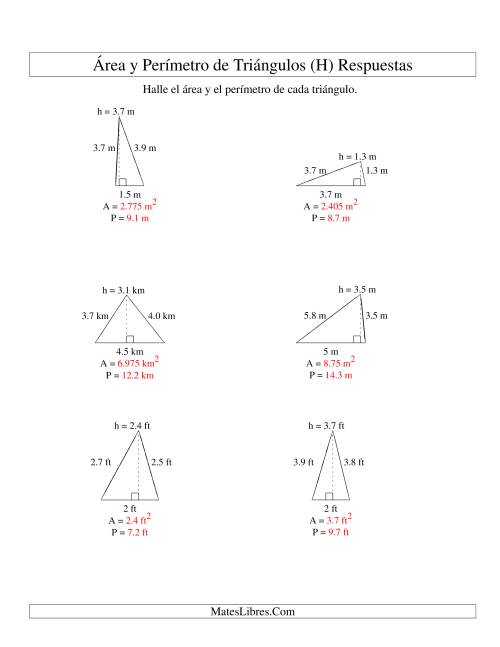 La hoja de ejercicios de Área y Perímetro de Triángulos, Un Lugar Decimal, Rango de 1 a 5 (H) Página 2