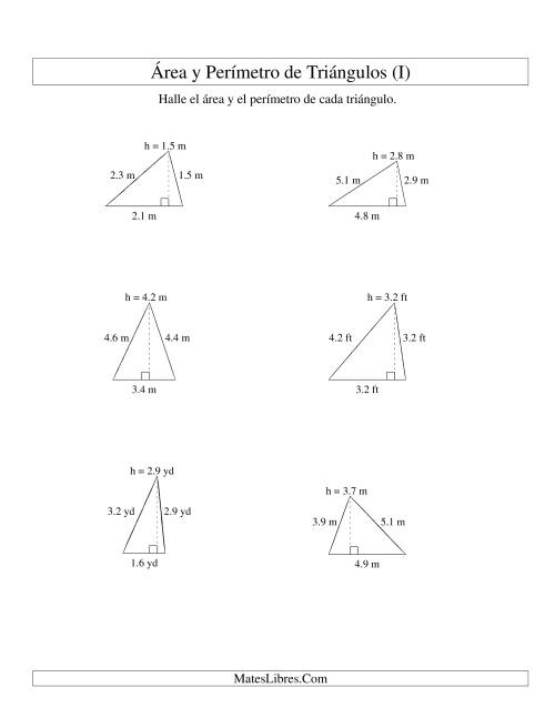 La hoja de ejercicios de Área y Perímetro de Triángulos, Un Lugar Decimal, Rango de 1 a 5 (I)