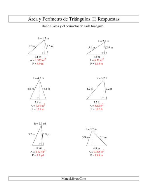 La hoja de ejercicios de Área y Perímetro de Triángulos, Un Lugar Decimal, Rango de 1 a 5 (I) Página 2