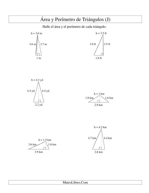 La hoja de ejercicios de Área y Perímetro de Triángulos, Un Lugar Decimal, Rango de 1 a 5 (J)