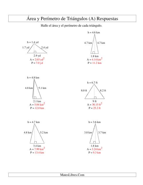La hoja de ejercicios de Área y Perímetro de Triángulos, Un Lugar Decimal, Rango de 1 a 9 (A) Página 2