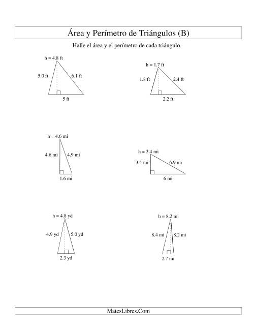 La hoja de ejercicios de Área y Perímetro de Triángulos, Un Lugar Decimal, Rango de 1 a 9 (B)