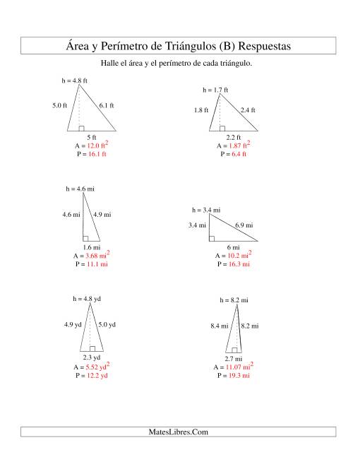 La hoja de ejercicios de Área y Perímetro de Triángulos, Un Lugar Decimal, Rango de 1 a 9 (B) Página 2