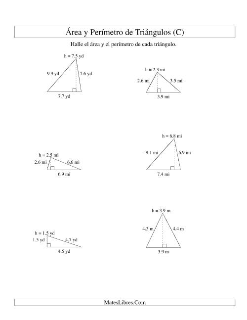 La hoja de ejercicios de Área y Perímetro de Triángulos, Un Lugar Decimal, Rango de 1 a 9 (C)