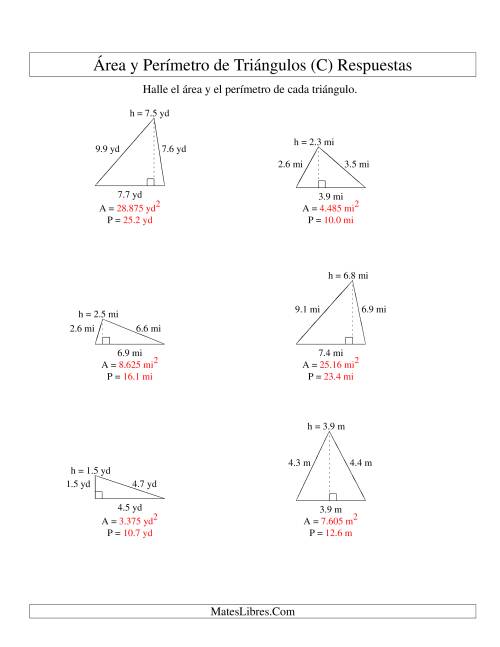 La hoja de ejercicios de Área y Perímetro de Triángulos, Un Lugar Decimal, Rango de 1 a 9 (C) Página 2