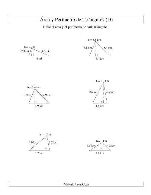 La hoja de ejercicios de Área y Perímetro de Triángulos, Un Lugar Decimal, Rango de 1 a 9 (D)