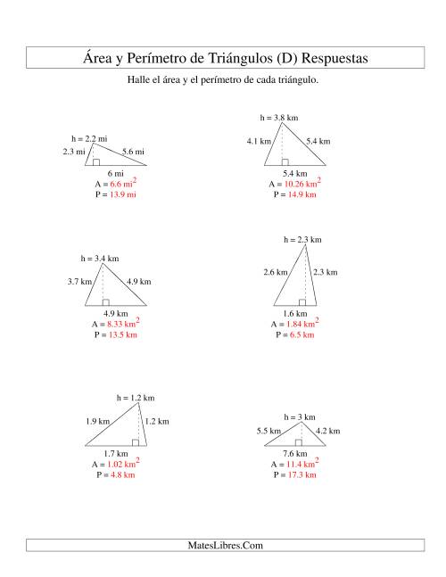 La hoja de ejercicios de Área y Perímetro de Triángulos, Un Lugar Decimal, Rango de 1 a 9 (D) Página 2