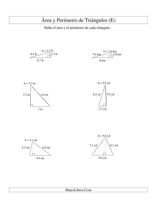 La hoja de ejercicios de Área y Perímetro de Triángulos, Un Lugar Decimal, Rango de 1 a 9 (E)