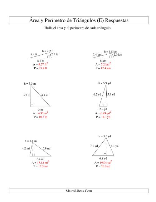 La hoja de ejercicios de Área y Perímetro de Triángulos, Un Lugar Decimal, Rango de 1 a 9 (E) Página 2