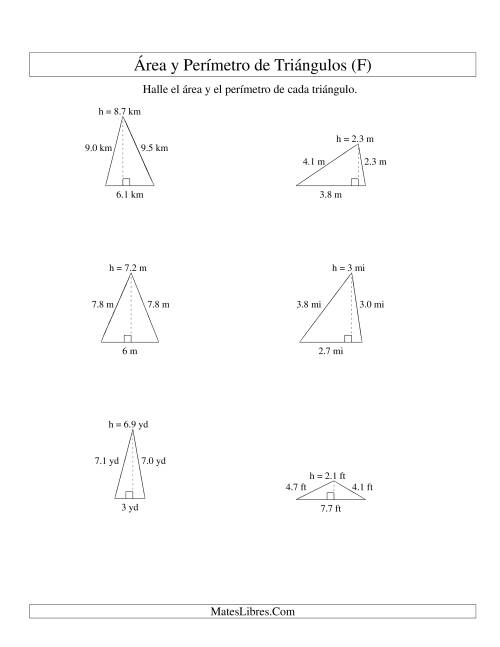 La hoja de ejercicios de Área y Perímetro de Triángulos, Un Lugar Decimal, Rango de 1 a 9 (F)
