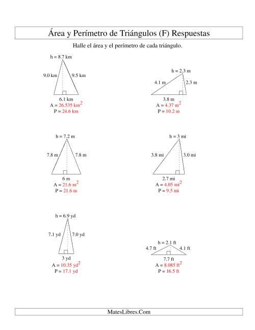 La hoja de ejercicios de Área y Perímetro de Triángulos, Un Lugar Decimal, Rango de 1 a 9 (F) Página 2